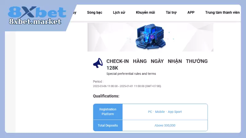 Cược thủ siêng năng check in mỗi ngày để nhận thưởng từ khuyến mãi 8XBet